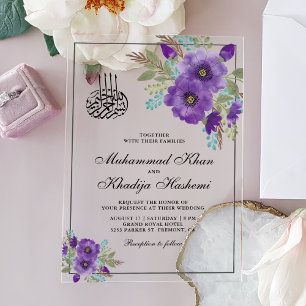 Invitaciones Acrílicas Boda Islámica Floral Acuarela Violeta Polvorienta