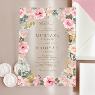Invitaciones Acrílicas Boda Islámica Musulmana Floral Rosa Moderno
