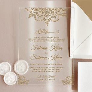 Invitaciones Acrílicas Boda Islámica Musulmana Henna Dorada Mehndi
