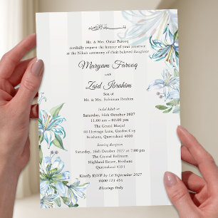 Invitaciones Acrílicas Boda Islámica Nikah Lirio de Acuarela Azul y Gris