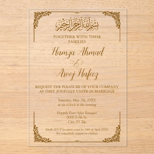 Invitaciones Acrílicas Boda islámico islámico de oro moderno (Anverso)