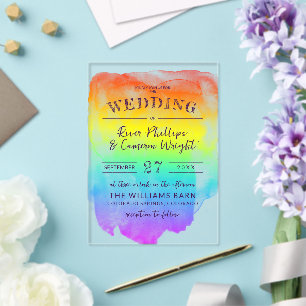 Invitaciones Acrílicas Boda LGBTQ de lavado de acuarela de arcoíris