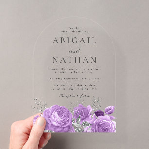 Invitaciones Acrílicas Boda mágica con arco floral de lavanda púrpura