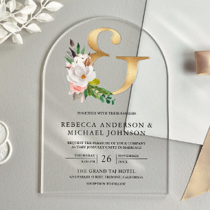 Invitaciones Acrílicas Boda Magnolia Floral Gold Ampersand