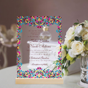 Invitaciones Acrílicas Boda Mandala Floral Caprichosa Azul Magenta