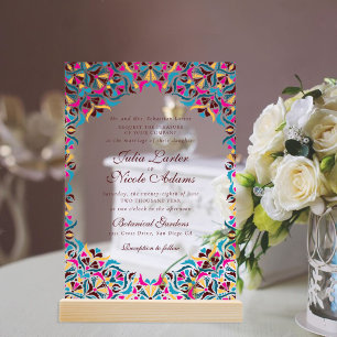 Invitaciones Acrílicas Boda Mandala Floral Caprichosa Azul Magenta