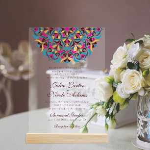 Invitaciones Acrílicas Boda Mandala Floral Caprichosa Azul Magenta