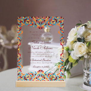 Invitaciones Acrílicas Boda Mandala Floral Caprichosa Naranja Verde Teal