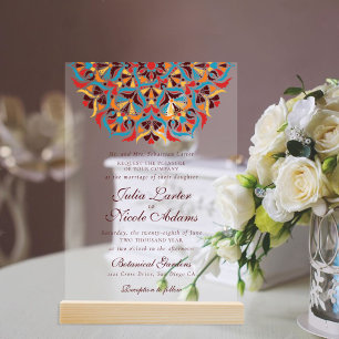 Invitaciones Acrílicas Boda Mandala Floral Caprichosa Naranja Verde Teal