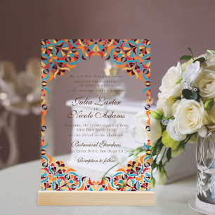 Invitaciones Acrílicas Boda Mandala Floral Caprichosa Naranja Verde Teal