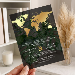 Invitaciones Acrílicas Boda Mapa Mundial Destino Tropical Dorado Oscuro