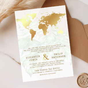 Invitaciones Acrílicas Boda Mapa Mundial Destino Tropical Oro Blanco