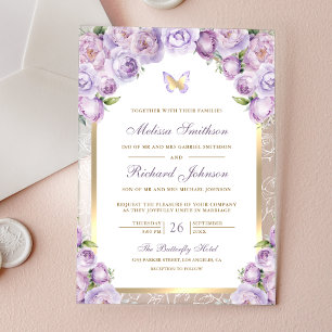 Invitaciones Acrílicas Boda Mariposa Arco Floral Púrpura Lavanda Dorado
