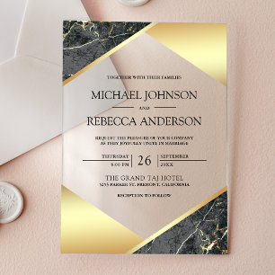 Invitaciones Acrílicas Boda Mármol Gris Geométrico Dorado