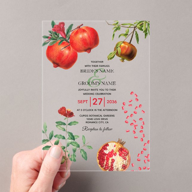 Invitaciones Acrílicas Boda mediterráneo botánico de Red Pomegranate (Insitu (portátil))