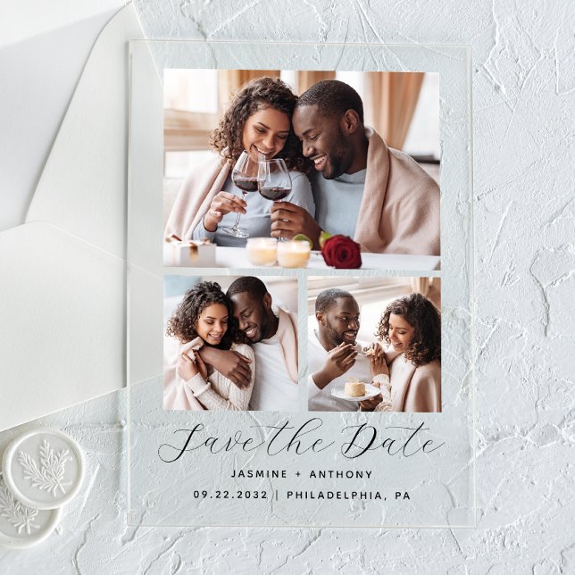 Invitaciones Acrílicas Boda mínima de 3 Collages de fotos Guardar la fech (Subido por el creador)