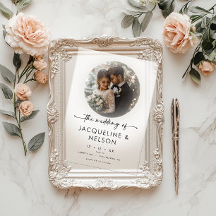 Invitaciones Acrílicas Boda Mínima Foto Escritura Blanca Negra Moderna