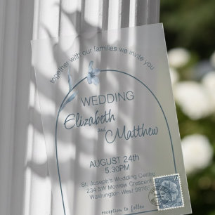 Invitaciones Acrílicas Boda Minimalista Arqueada Floral Crema Azul Pálido