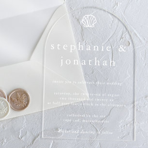 Invitaciones Acrílicas Boda Minimalista Blanca de Playa Costera con Conch