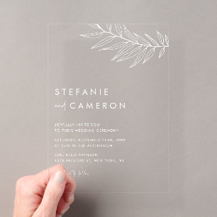 Invitaciones Acrílicas Boda Minimalista Boho Blanca con Foliaje