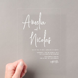 Invitaciones Acrílicas Boda Minimalista con Letra Blanca a Mano