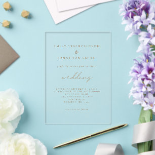 Invitaciones Acrílicas Boda Minimalista con Letra Dorada Champagne
