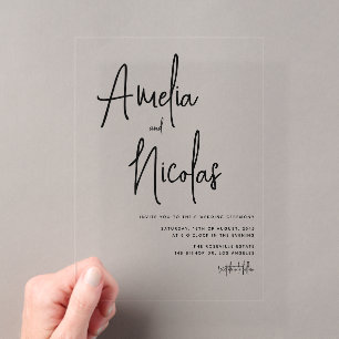 Invitaciones Acrílicas Boda minimalista con letra manuscrita negra
