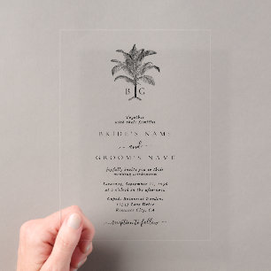 Invitaciones Acrílicas Boda Minimalista con Monograma de Palma Tropical