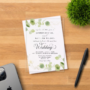 Invitaciones Acrílicas Boda Minimalista con Verde de Eucalipto Elegante