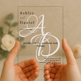 Invitaciones Acrílicas Boda minimalista De Moda De Monograma Blanco Y Neg