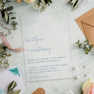 Invitaciones Acrílicas Boda Minimalista Dusty Blue con Guión Moderno