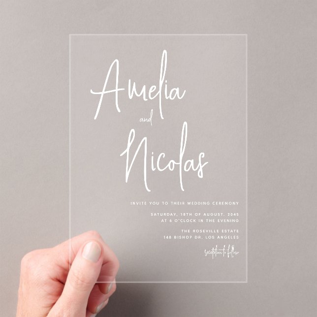 Invitaciones Acrílicas Boda Minimalista manuscrito blanco (Insitu (portátil))