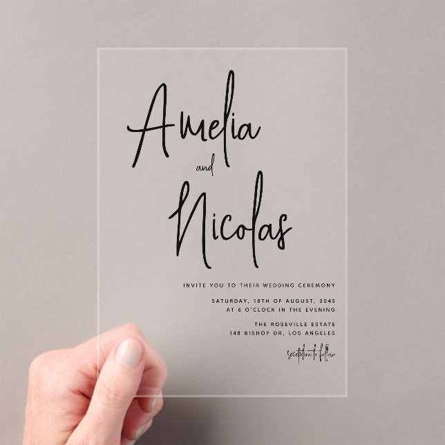 Invitaciones Acrílicas Boda Minimalista manuscrito negro (Insitu (portátil))