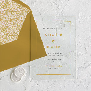 Invitaciones Acrílicas Boda Minimalista Moderna Amarillo Dorado Chic
