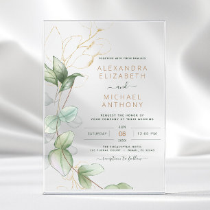 Invitaciones Acrílicas Boda Minimalista Moderna con Hoja Verde de Eucalip