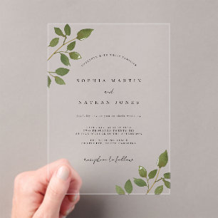 Invitaciones Acrílicas Boda Minimalista transparente de hoja verde modern
