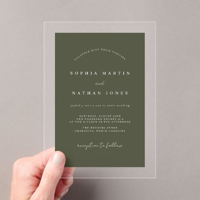 Invitaciones Acrílicas Boda Minimalista Verde Oliva Moderno Transparente  (Insitu (portátil))