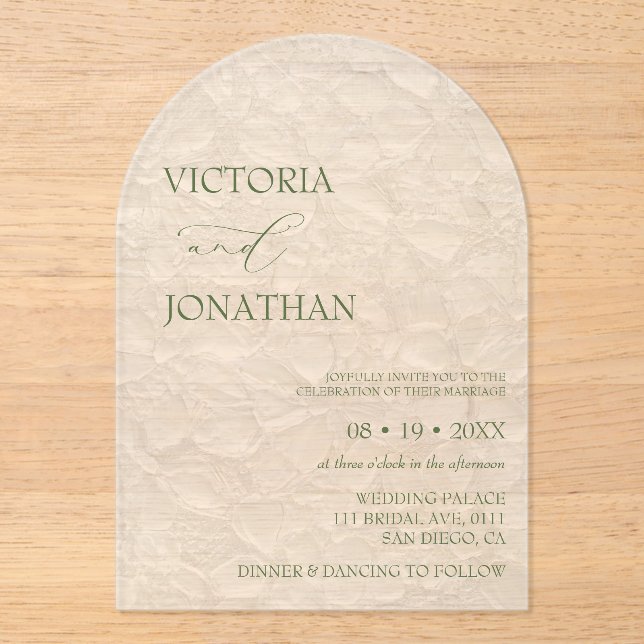 Invitaciones Acrílicas Boda mínimo blanco y verde (Anverso)