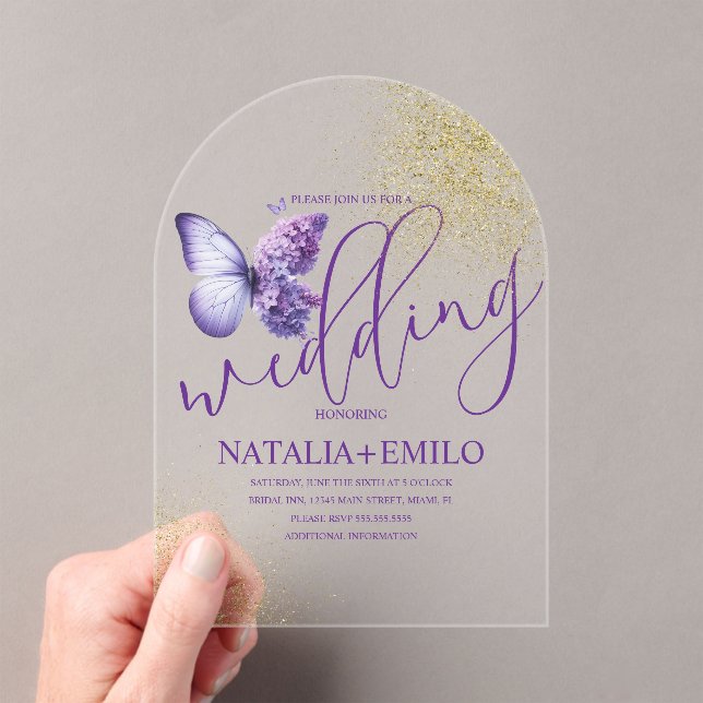 Invitaciones Acrílicas Boda mínimo de escritura de mariposa púrpura moder (Insitu (portátil))
