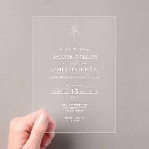 Invitaciones Acrílicas Boda Mínimo Del Boho En Monograma Botánico