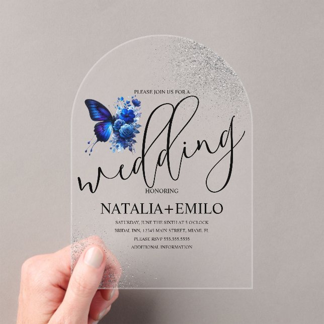 Invitaciones Acrílicas Boda mínimo del guión moderno de mariposa azul (Insitu (portátil))
