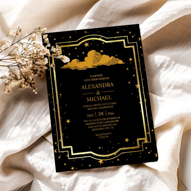 Invitaciones Acrílicas Boda místico de estrellas celestes de oro negro (Subido por el creador)