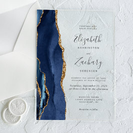 Invitaciones Acrílicas Boda Moderna Azul Marinho Oro Ágata