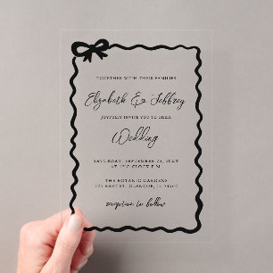 Invitaciones Acrílicas Boda moderna chic con lazo negro dibujado a mano