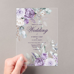 Invitaciones Acrílicas Boda moderna con acuarela floral púrpura 
