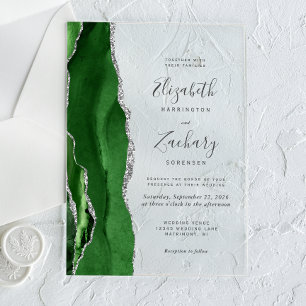 Invitaciones Acrílicas Boda Moderna con Agata Verde Cazador y Plata