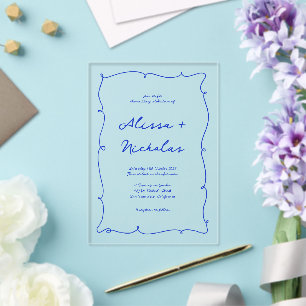 Invitaciones Acrílicas Boda Moderna con Borde Azul Dibujado a Mano Brilla