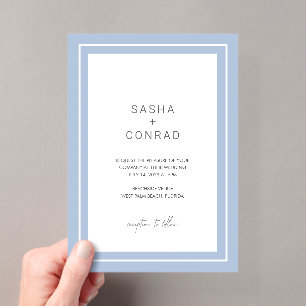 Invitaciones Acrílicas Boda moderna con borde azul en polvo negrita