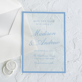 Invitaciones Acrílicas Boda moderna con borde azul, guárdala la fecha