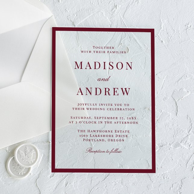 Invitaciones Acrílicas Boda moderna con borde de Borgoña (Subido por el creador)